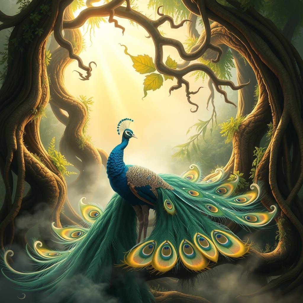 Elegant Peacock in Mystical Forest Illustration