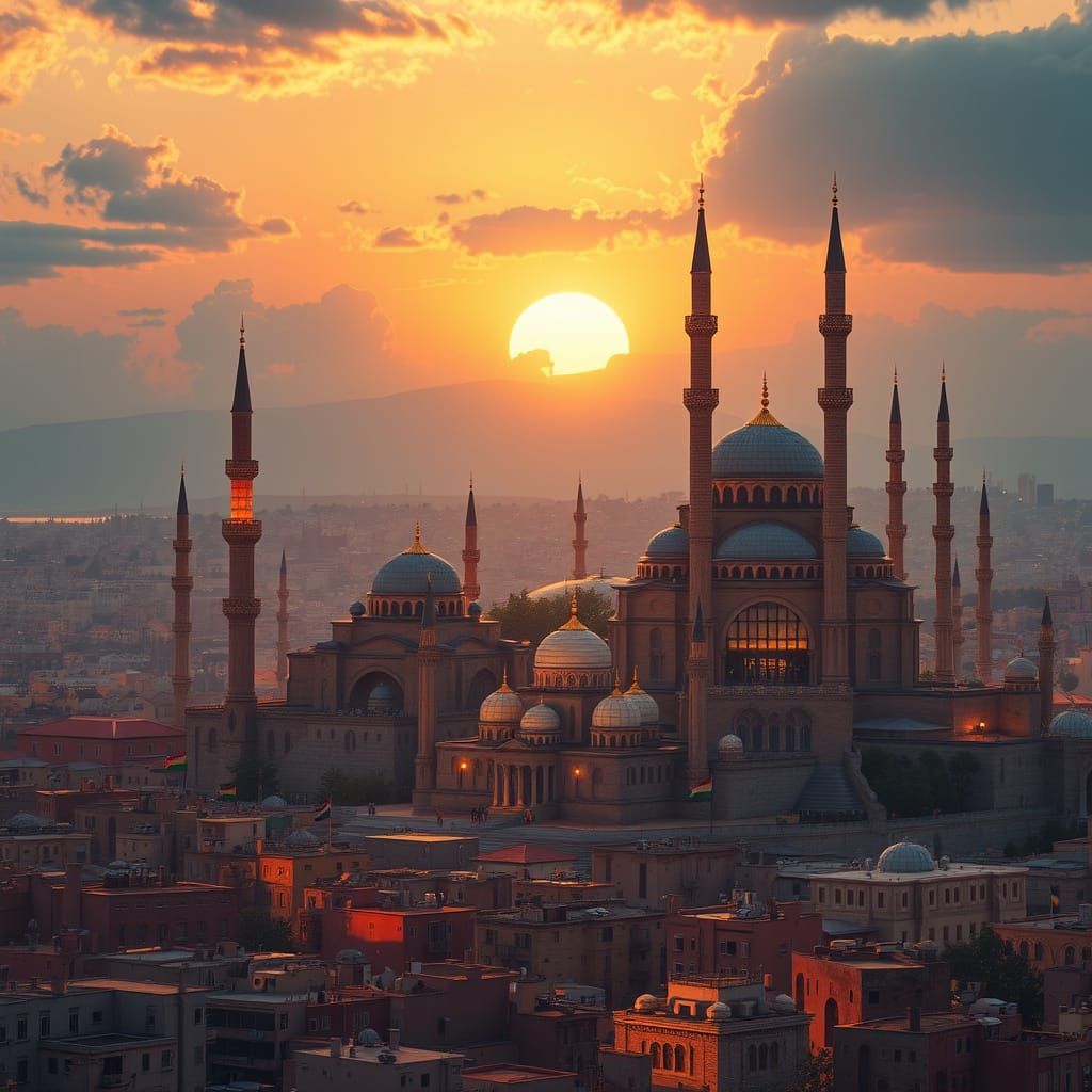 Vibrant Cityscape at Sunset in a Futuristic Style