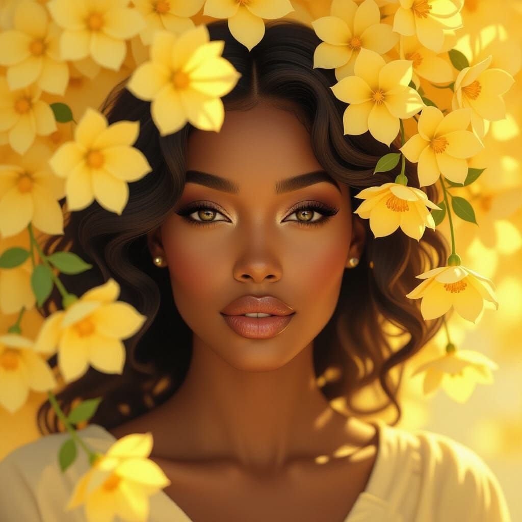 Beautiful Woman Amidst Yellow Flowers in Art Nouveau Style