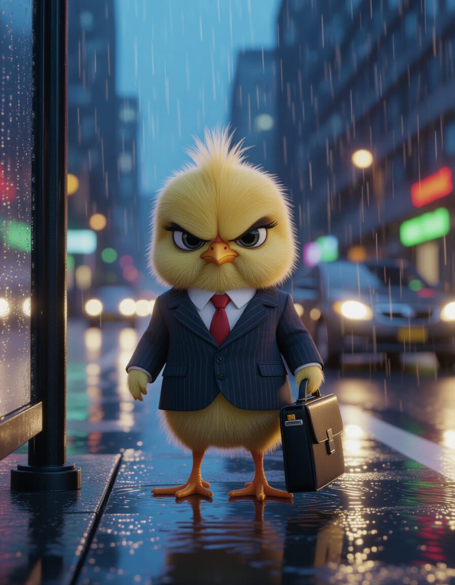 Grumpy Chick in Business Suit, Hyper-Realistic Render