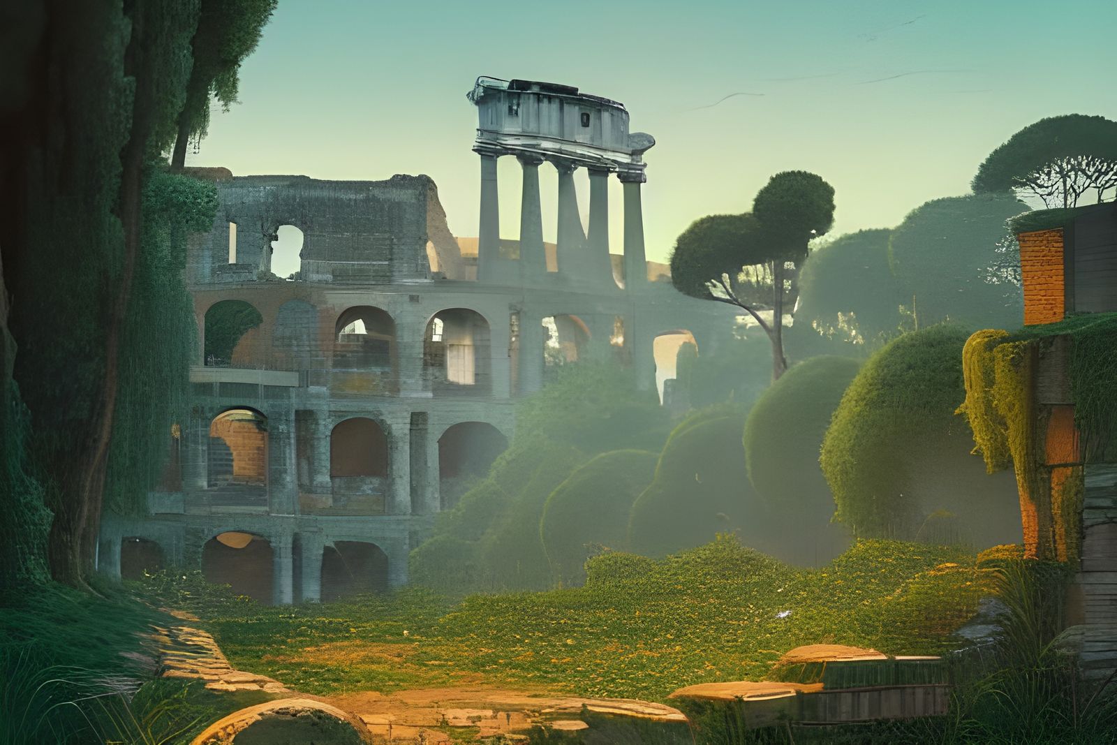 Overgrown Colosseum Ruins at Dawn: Hyperdetailed Illustratio...