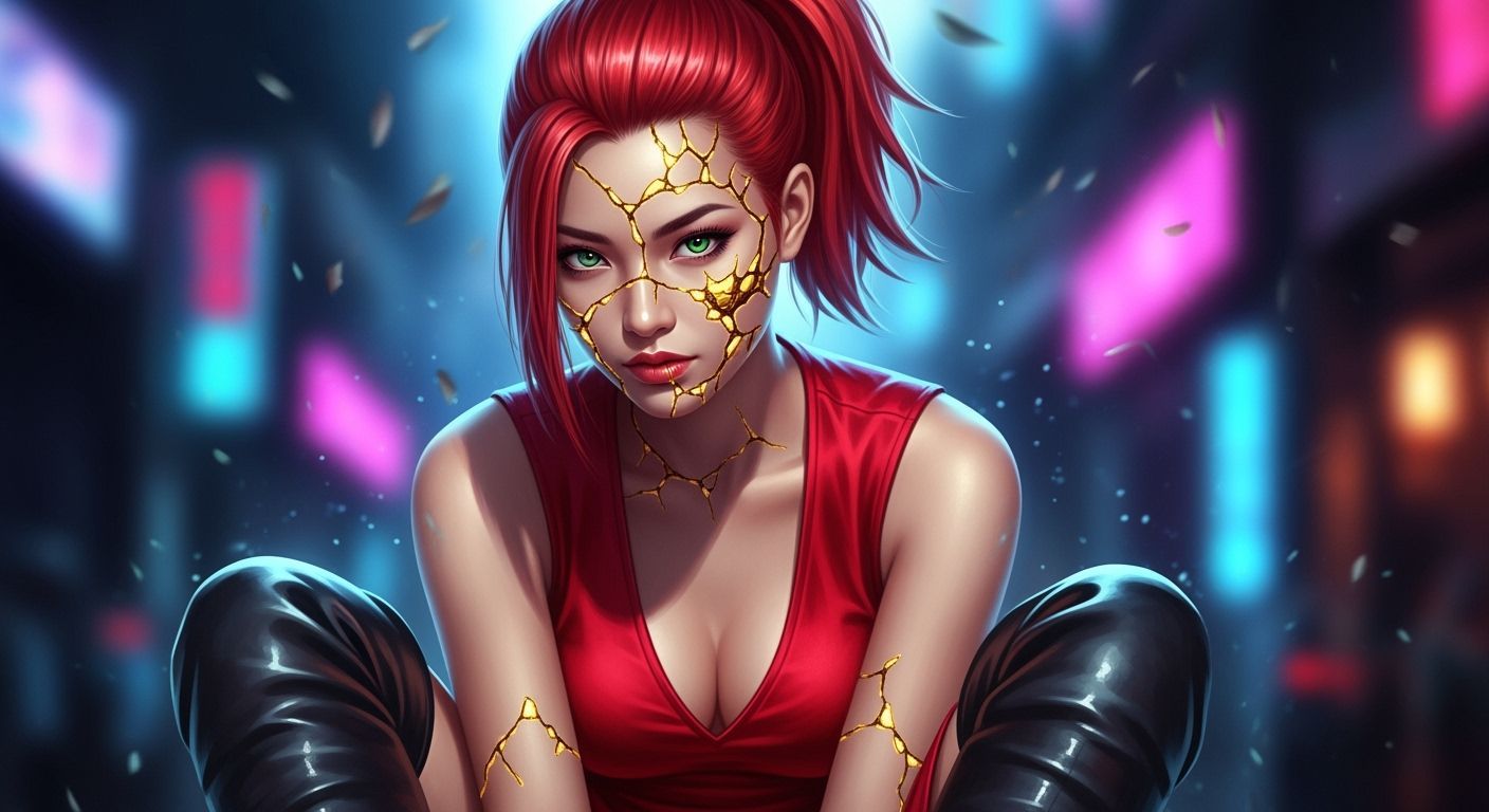 Kintsugi Woman with Red Hair in Neon Cityscape