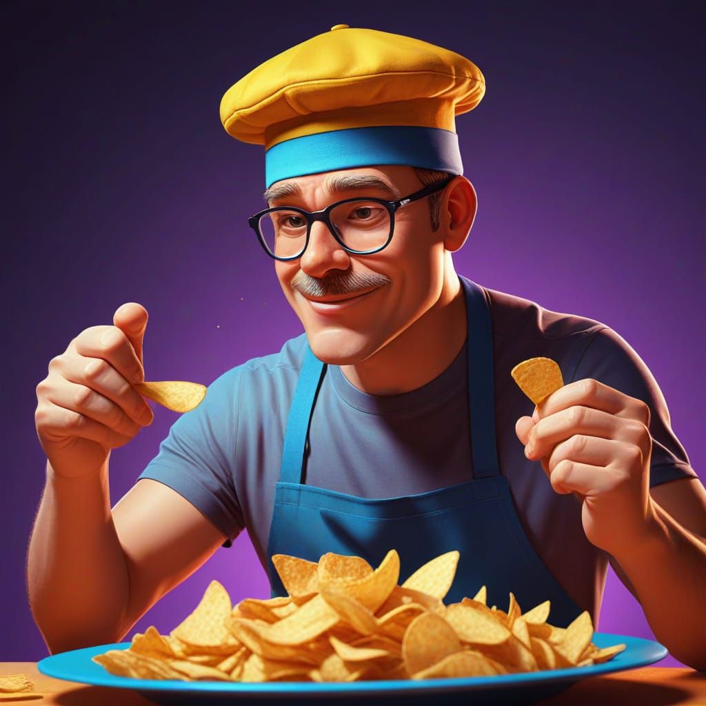 Cartoon Super Dad Cooking Chips in Vibrant Colors