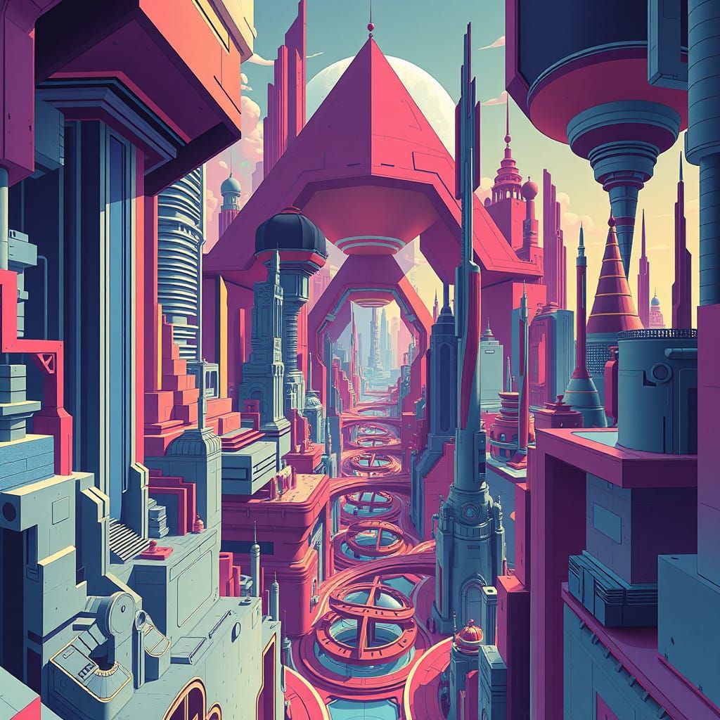 Surreal Futuristic Cityscape with Impossible Geometry