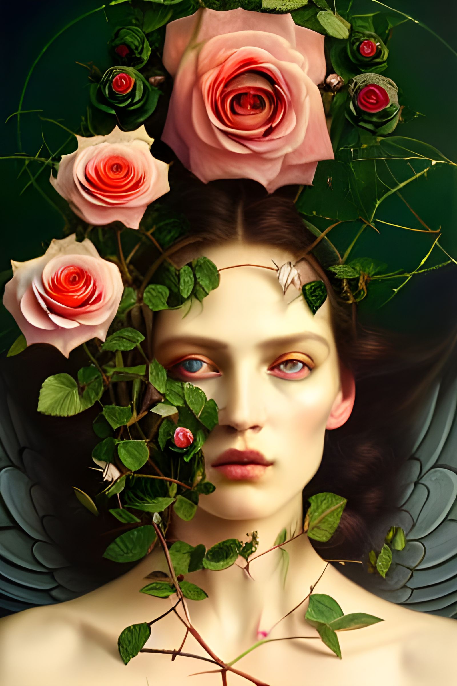 Detailed Rose Angel with Green Hair