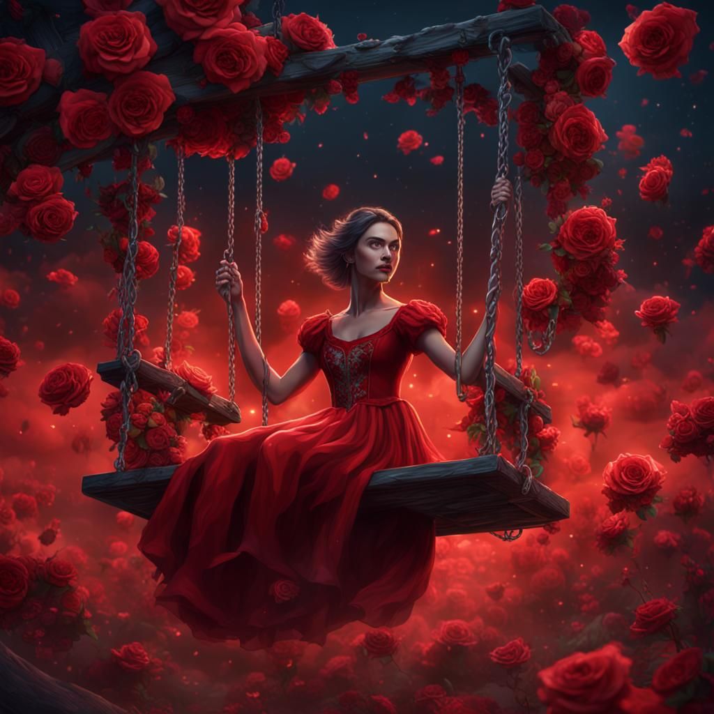 Woman in Rose Dress on Swing, Fantasy Art