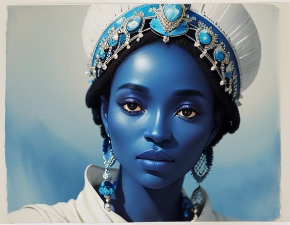 Ethereal African Princess Portrait in Cyanotype Style