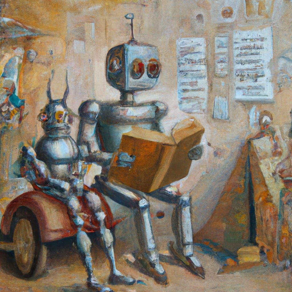 Robots Reading: An Oil Painting in Surreal Style
