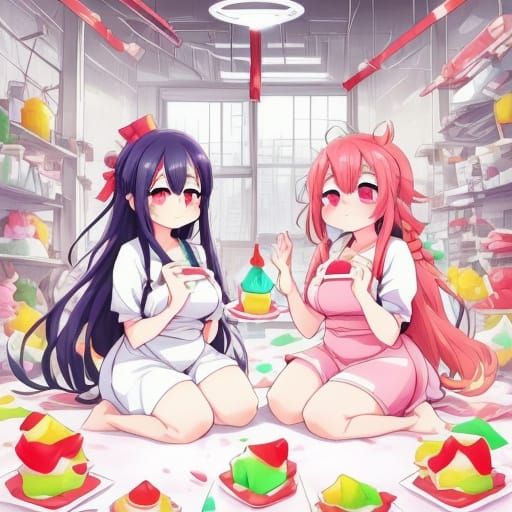 Anime Girls Feast on Jell-O in Factory