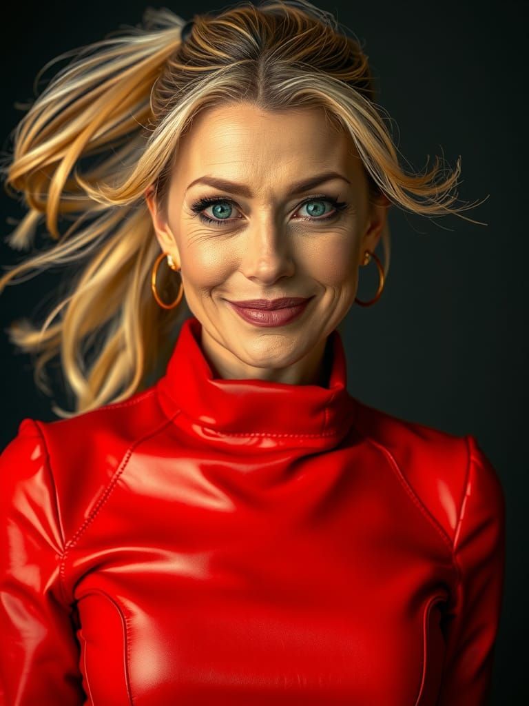 Blonde Woman in Red Leather Dress: Cinematic Portrait
