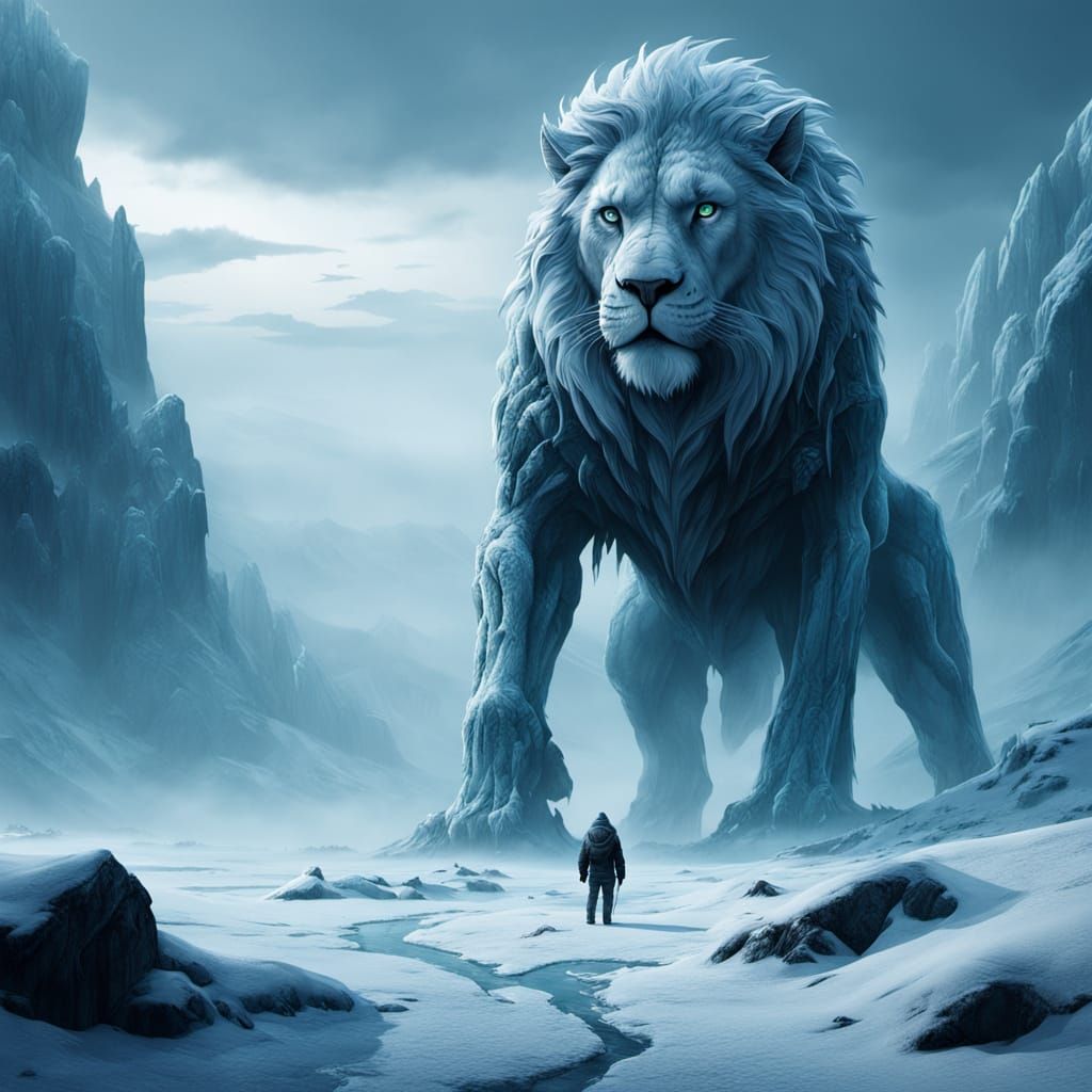 Cinematic Lion Ghost in Frozen Landscape