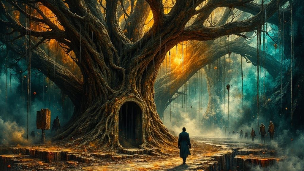 Ancient Tree City Under Dramatic Chiaroscuro Lighting