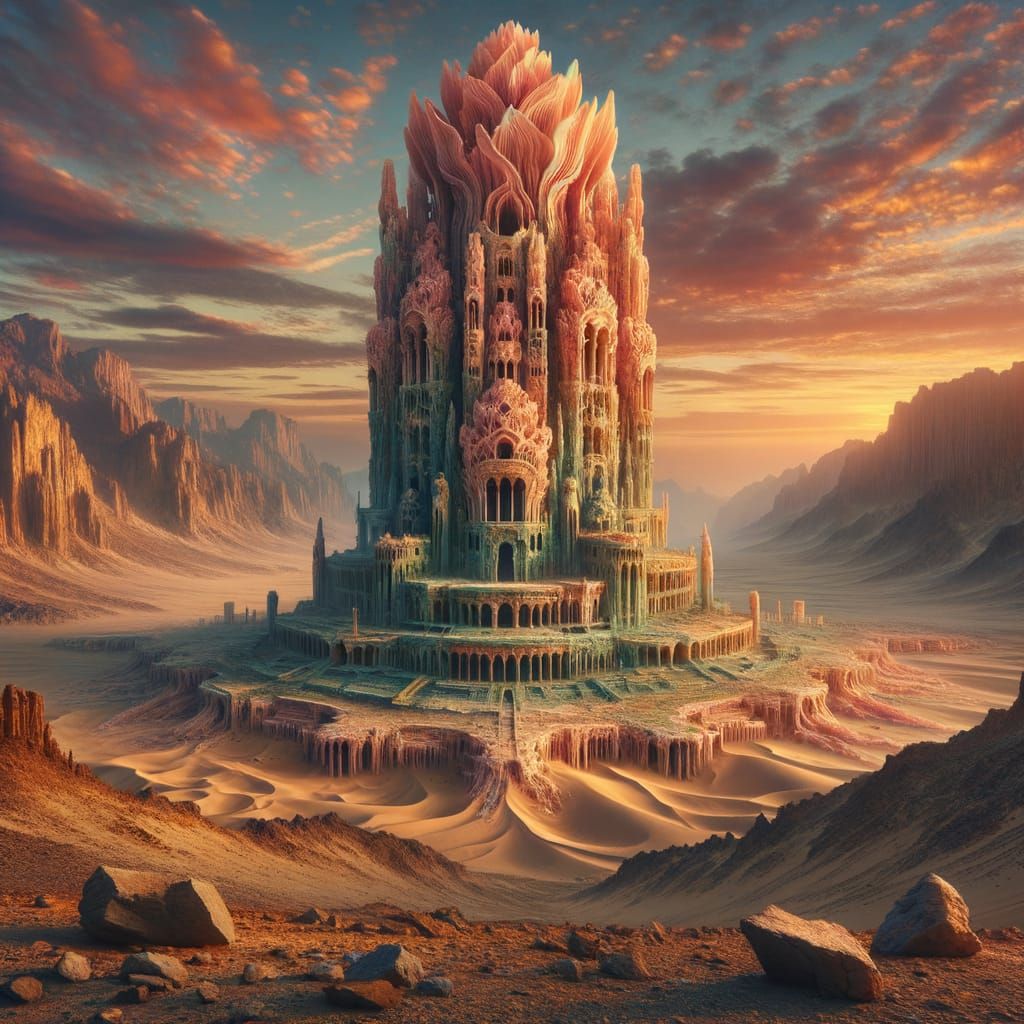 Majestic Coral Tower in Arabian Nights-Inspired Fantasy Land...