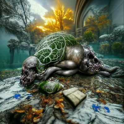 Apocalyptic Turtle in Surreal Underwater World