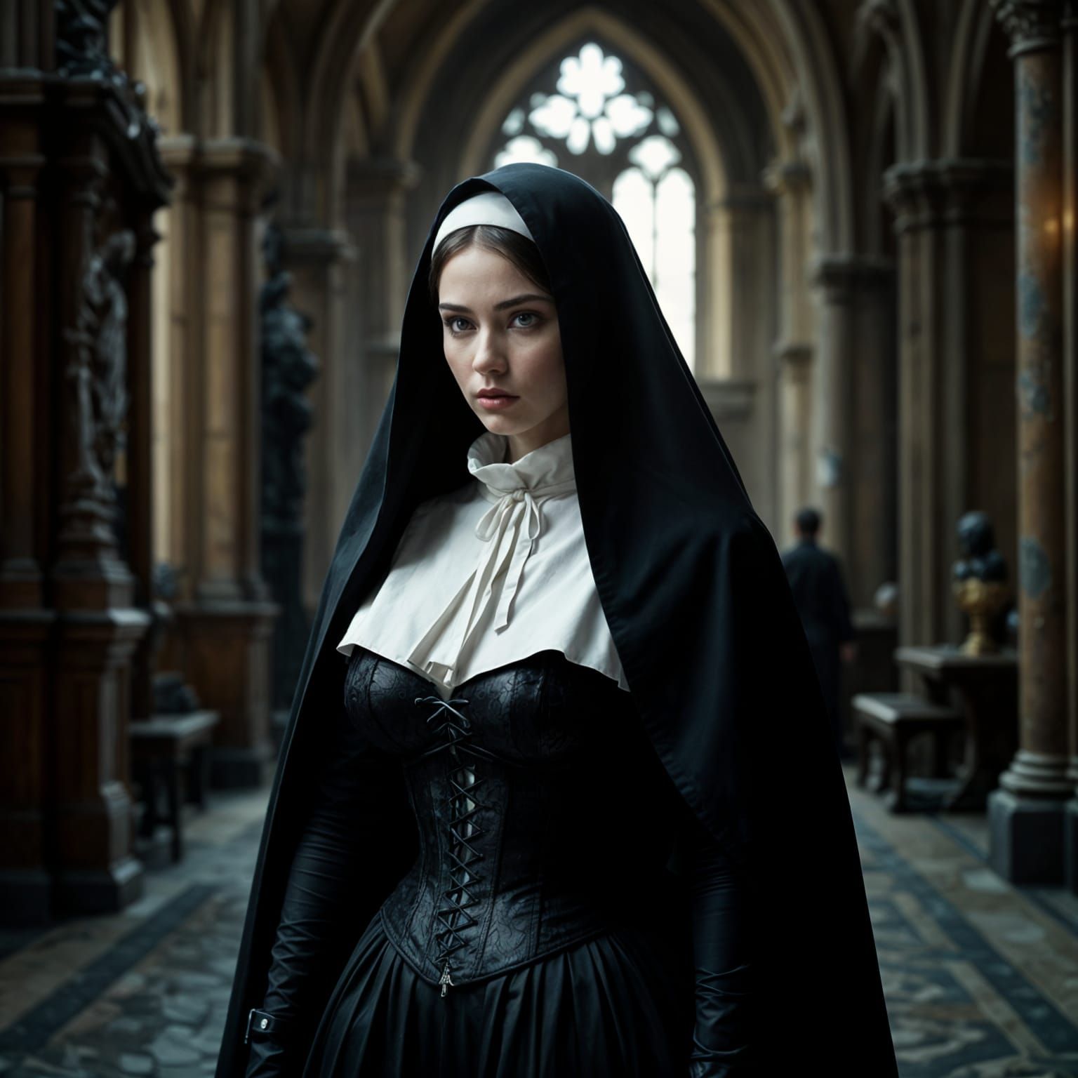 Nun in Gothic Cathedral with Corset