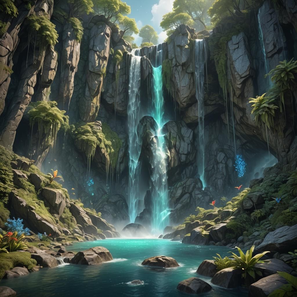 Glowing Crystal Waterfall with Magical Creatures