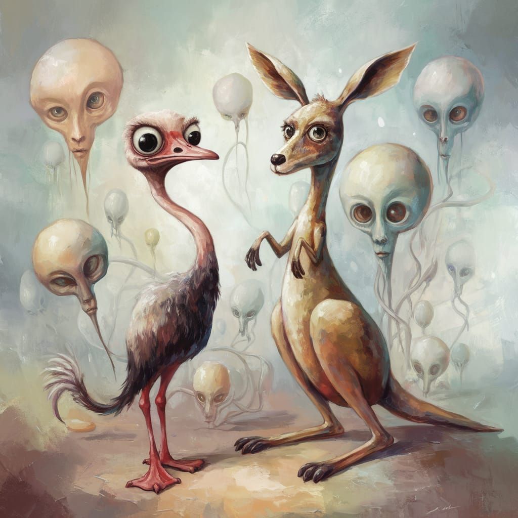 Surreal Whimsical Painting of Ostrich and Kangaroo in Dreaml...