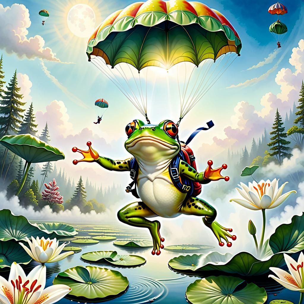Frog's Leap of Faith: Skydiving Storybook Illustration