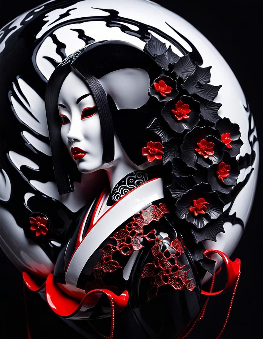 Surreal Japanese Ceramic Mask in Double Exposure Art