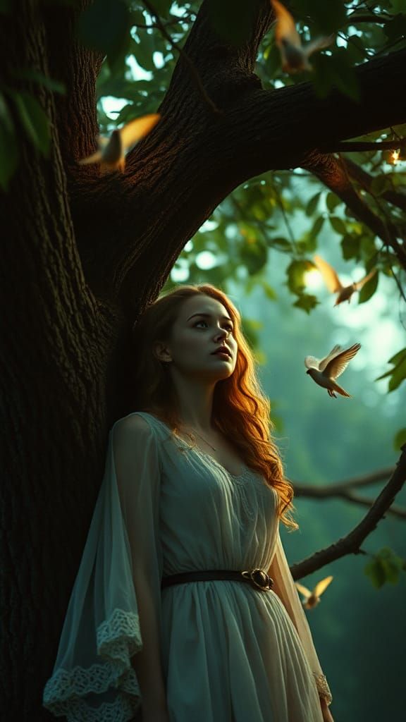 Beautiful Woman Emerges from Tree with Fairies