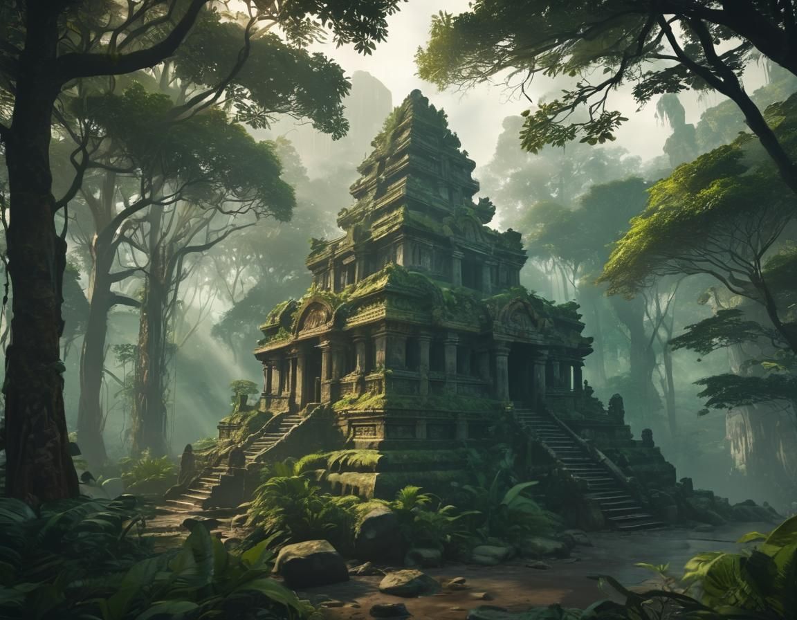 Rainforest Temple Double Exposure in Game Cinematic Style