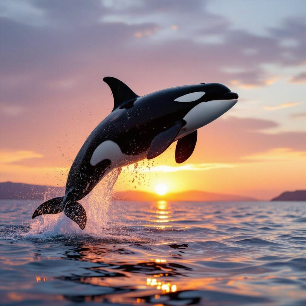 Orca Leaps From Ocean At Sunset