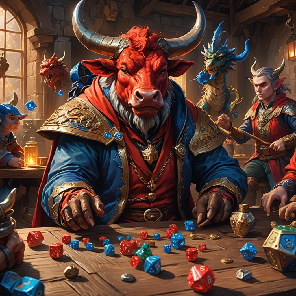 Bull Playing D&D in Fantasy Art Style