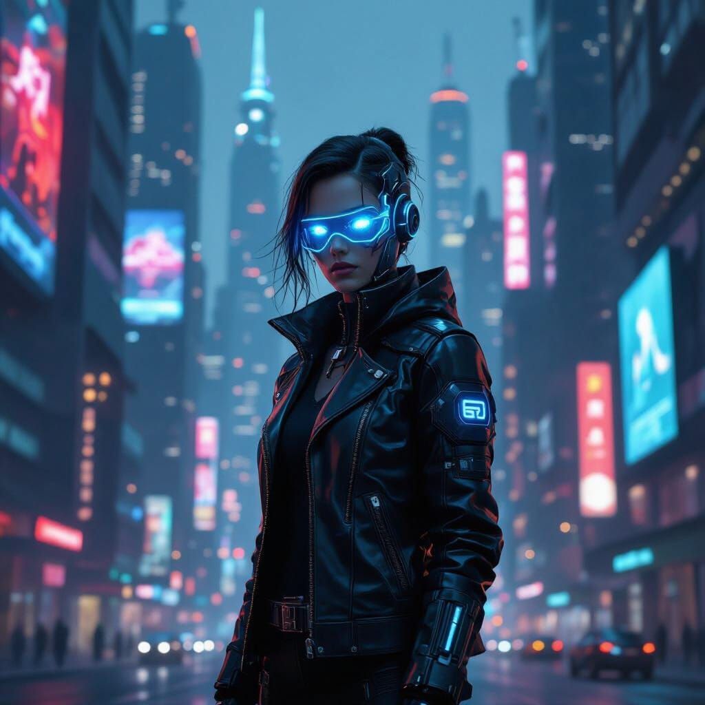 Futuristic Character in Neon Cityscape: Cyberpunk Style
