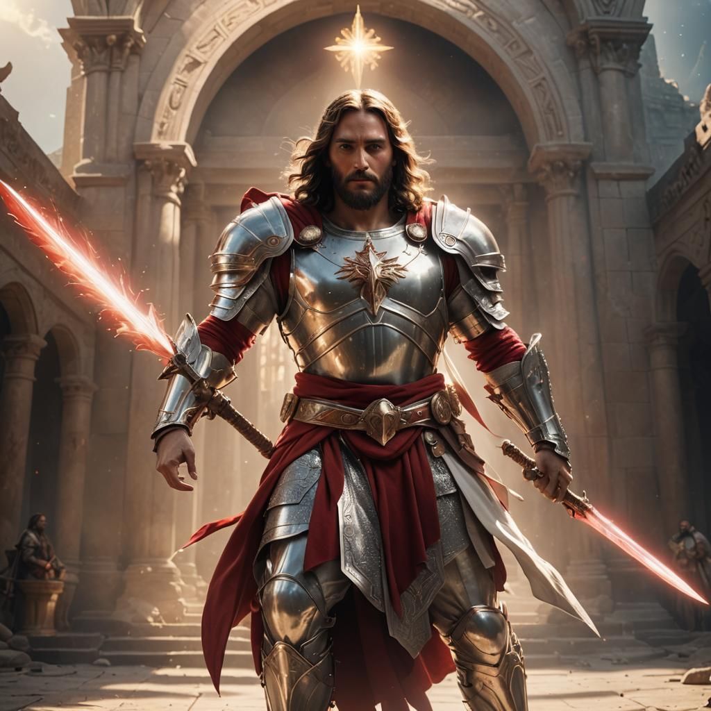 Jesus Christ Warrior in Pearl Armor, Digital Art