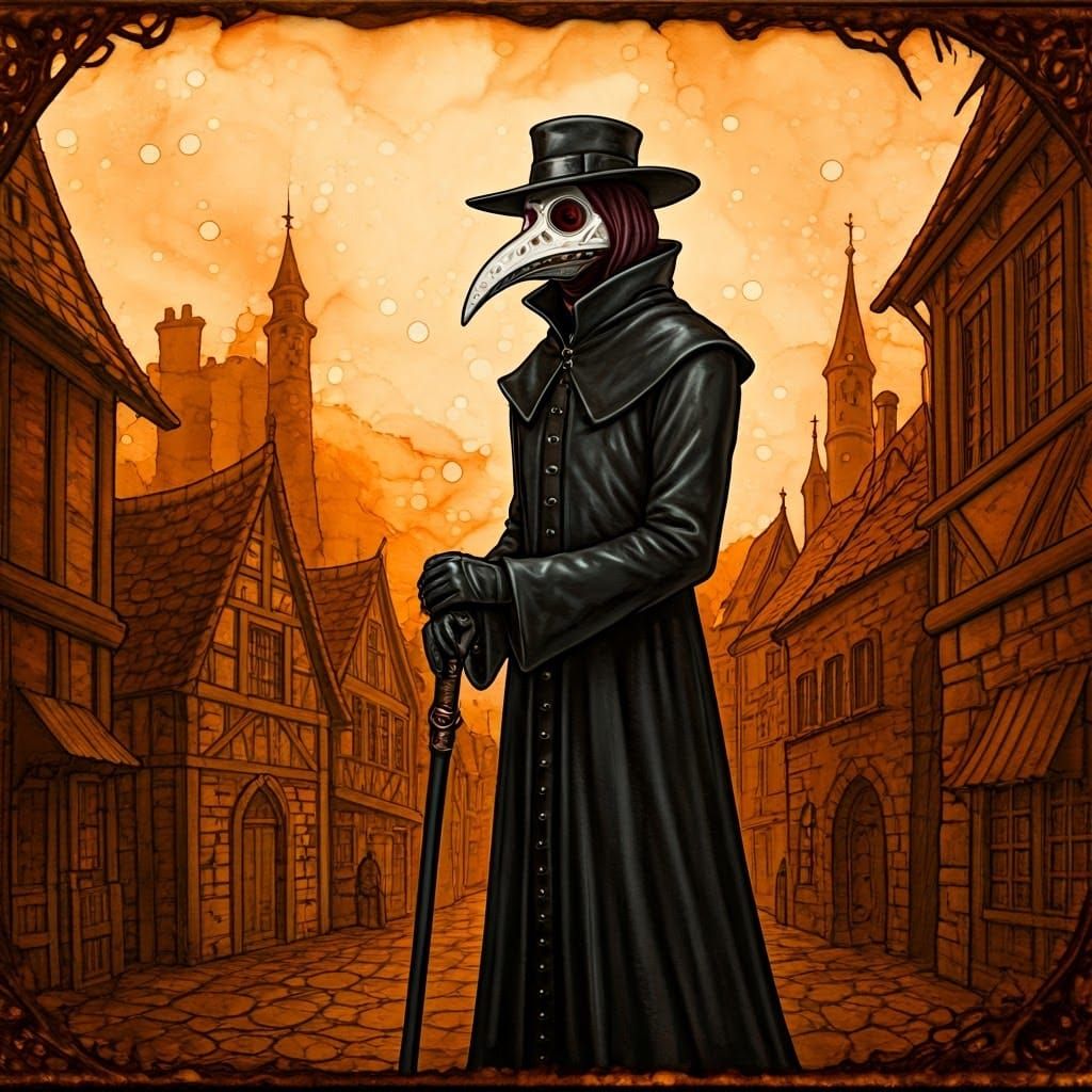 Medieval Plague Doctor in Encaustic Alcohol Ink