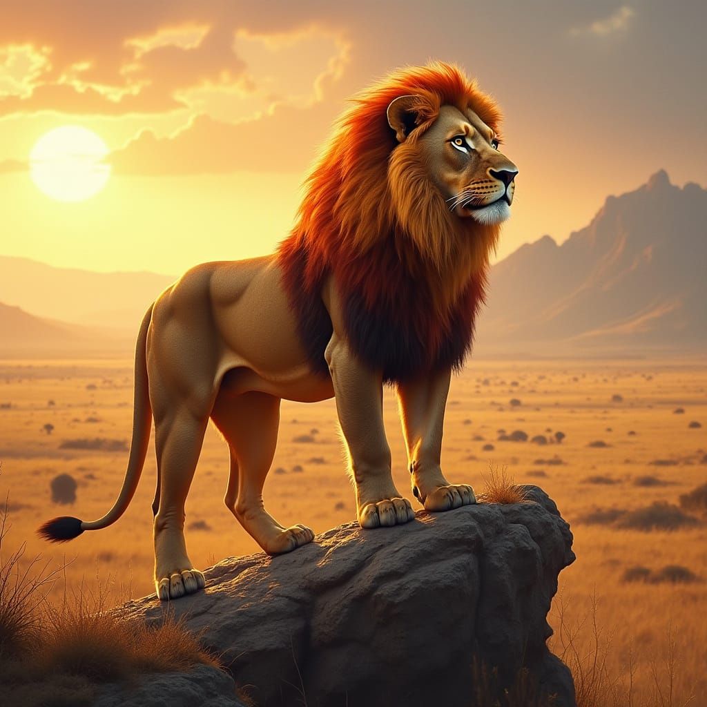 Majestic Lion on Savannah in Hyperrealistic Style