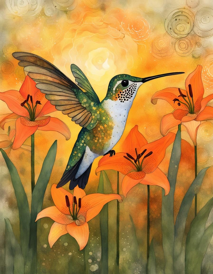 Hummingbird in Tiger Lilies: Watercolor Double Exposure