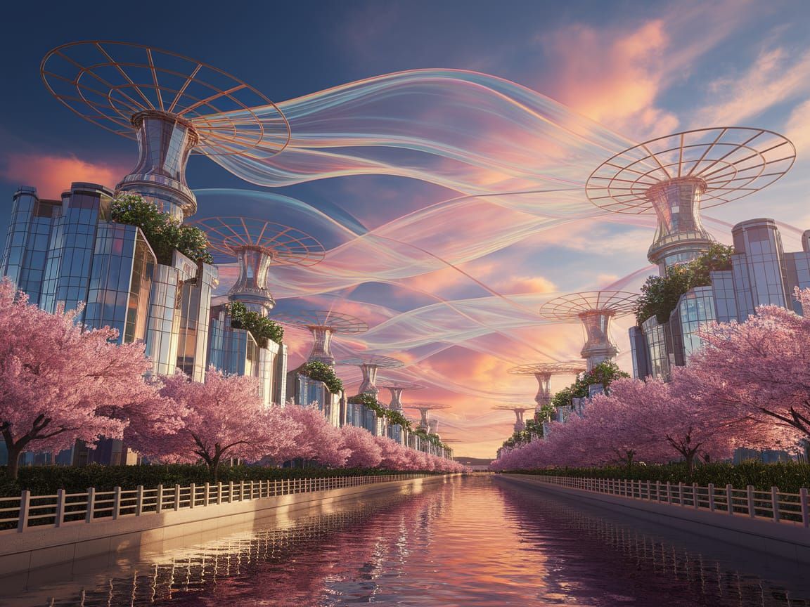 Surreal Futuristic Utopia Unfolds Under Vibrant Sunset Skies