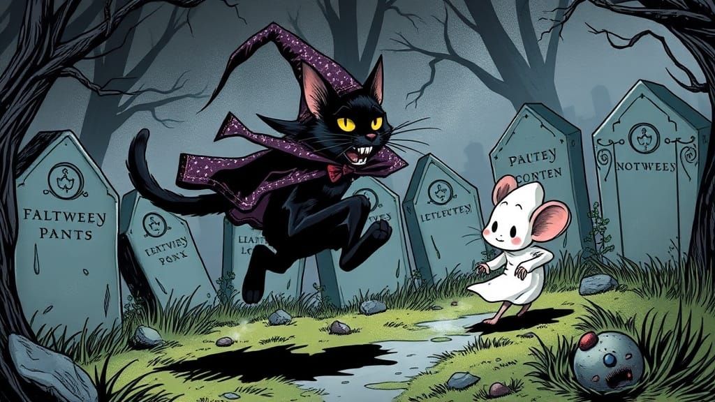 Black Cat Chases Ghost Mouse in Dark Fantasy Art