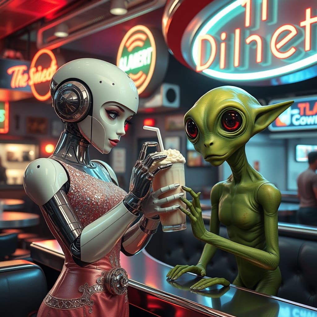 Retro-Futuristic Robot Waitress Serves Alien in Cyberpunk Di...