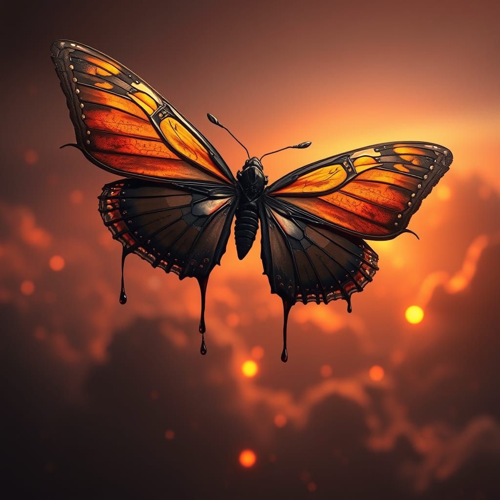 Biomechanical Butterfly Flying Above Glowing Nebula