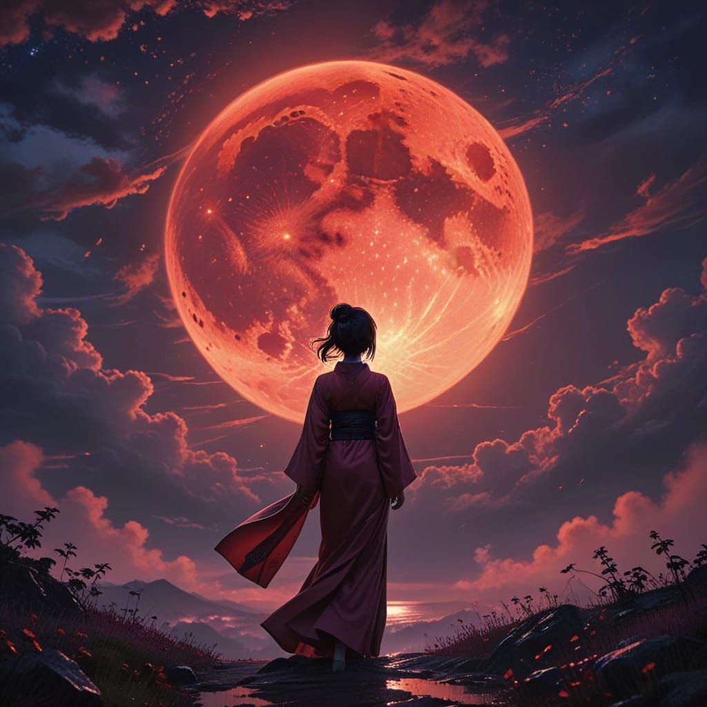 Ethereal Woman Silhouetted by Blood Moon in Anime Style