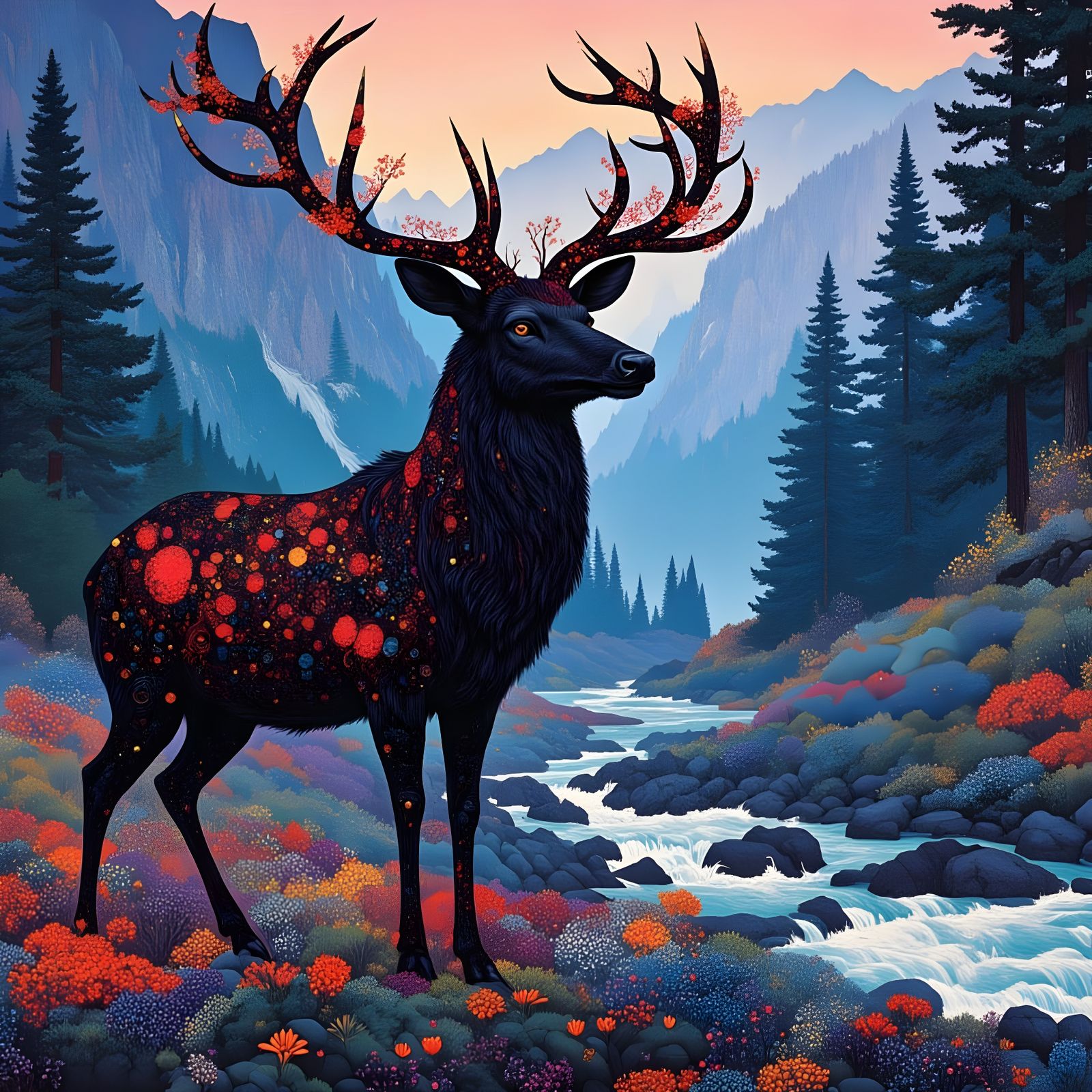 Majestic Black Stag in Misty Forest, Art Nouveau Style