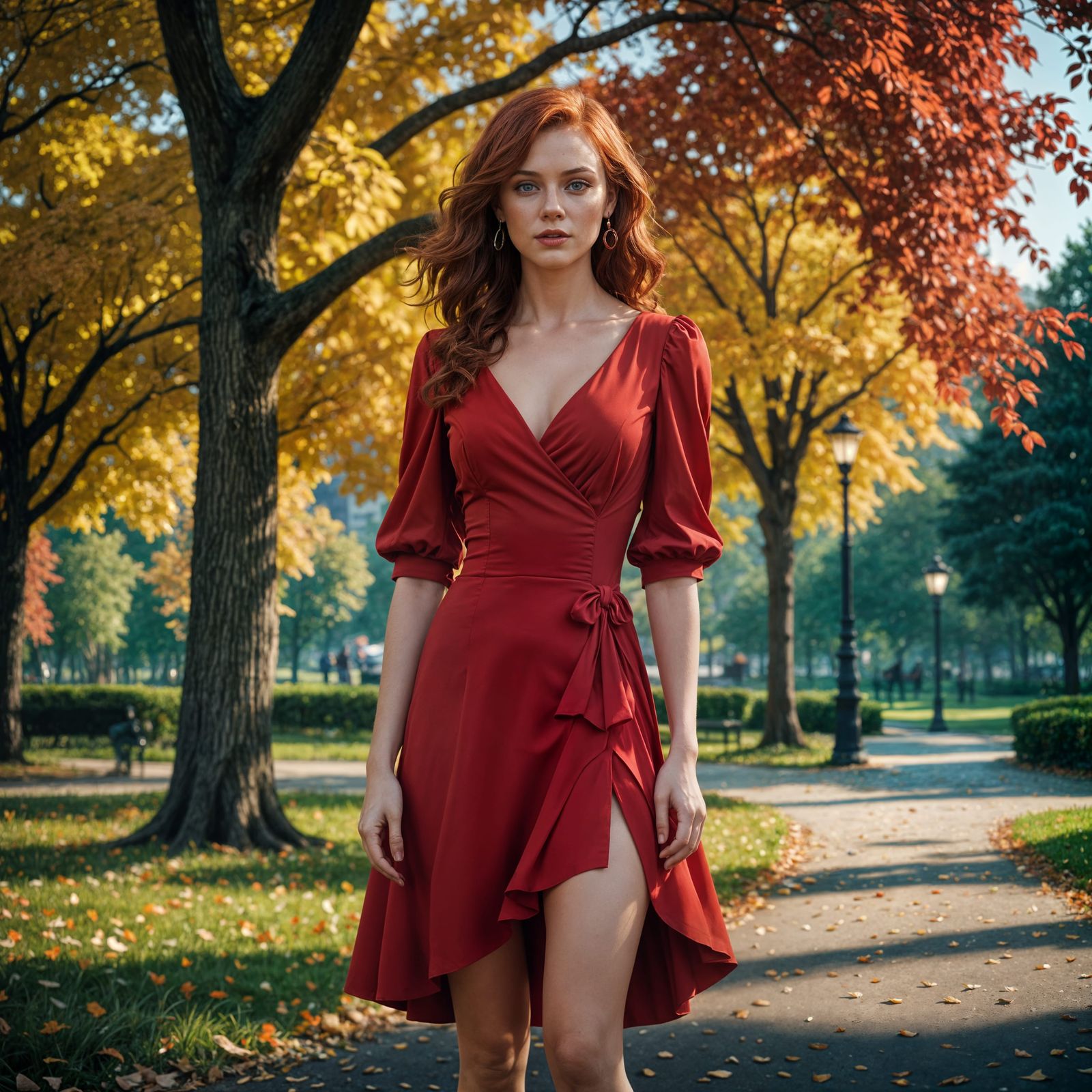 Woman in Red Dress Posing in Park