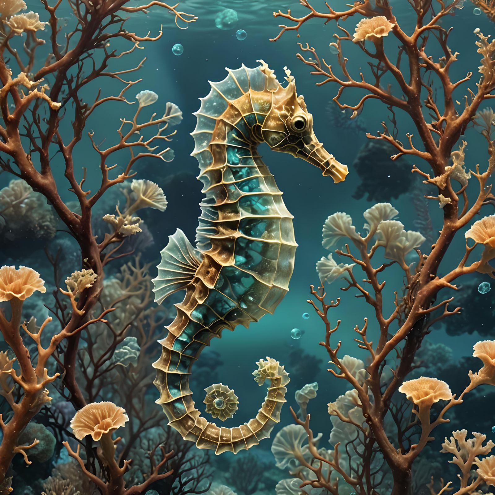 Bioluminescent Cybernetic Seahorse in Ocean Depths