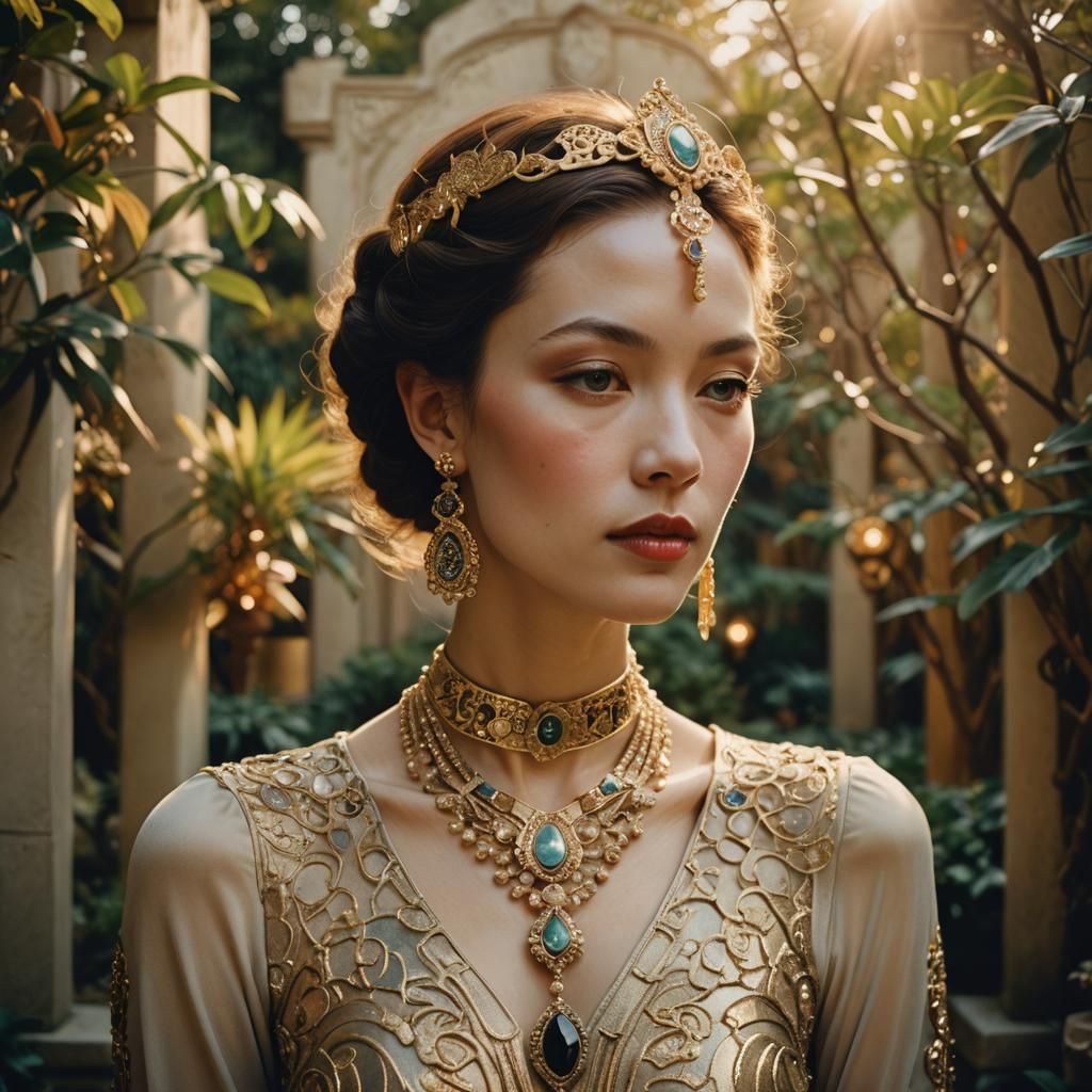 Elegant Art Deco Lady in Mystical Garden Portrait