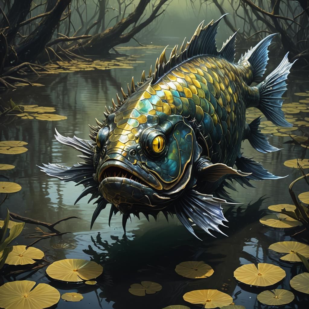 Abyssal Tyrant in Murky Swamp, Digital Art