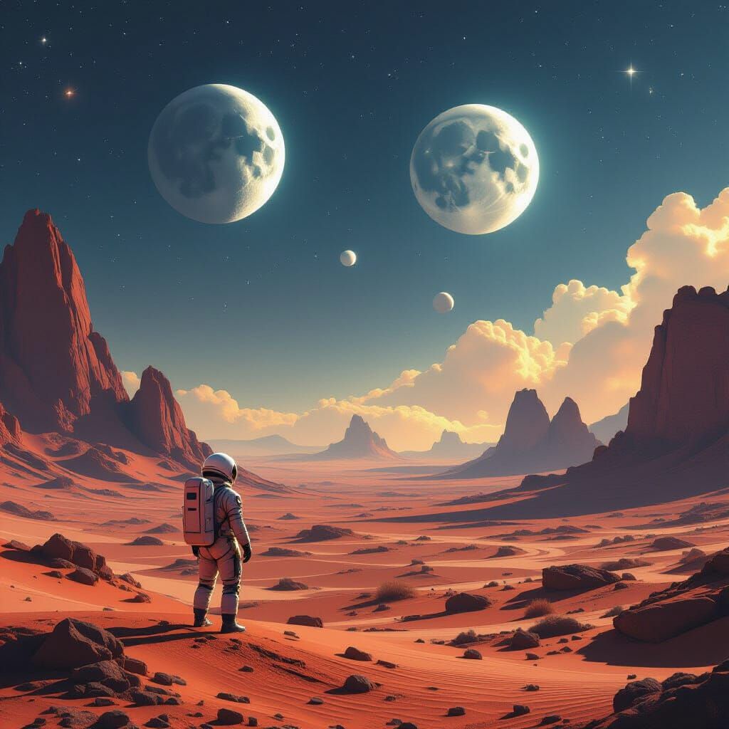 Astronaut on Alien Planet Under Twin Moons
