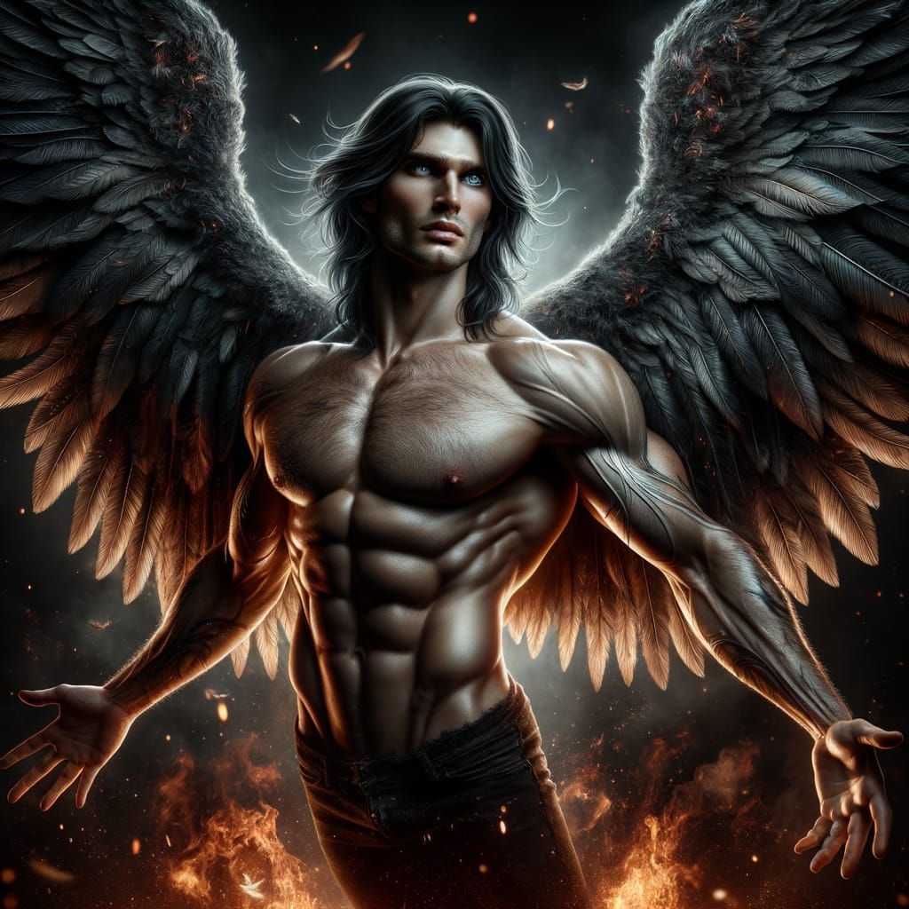 Hyperrealistic Fallen Angel in Dark Fire