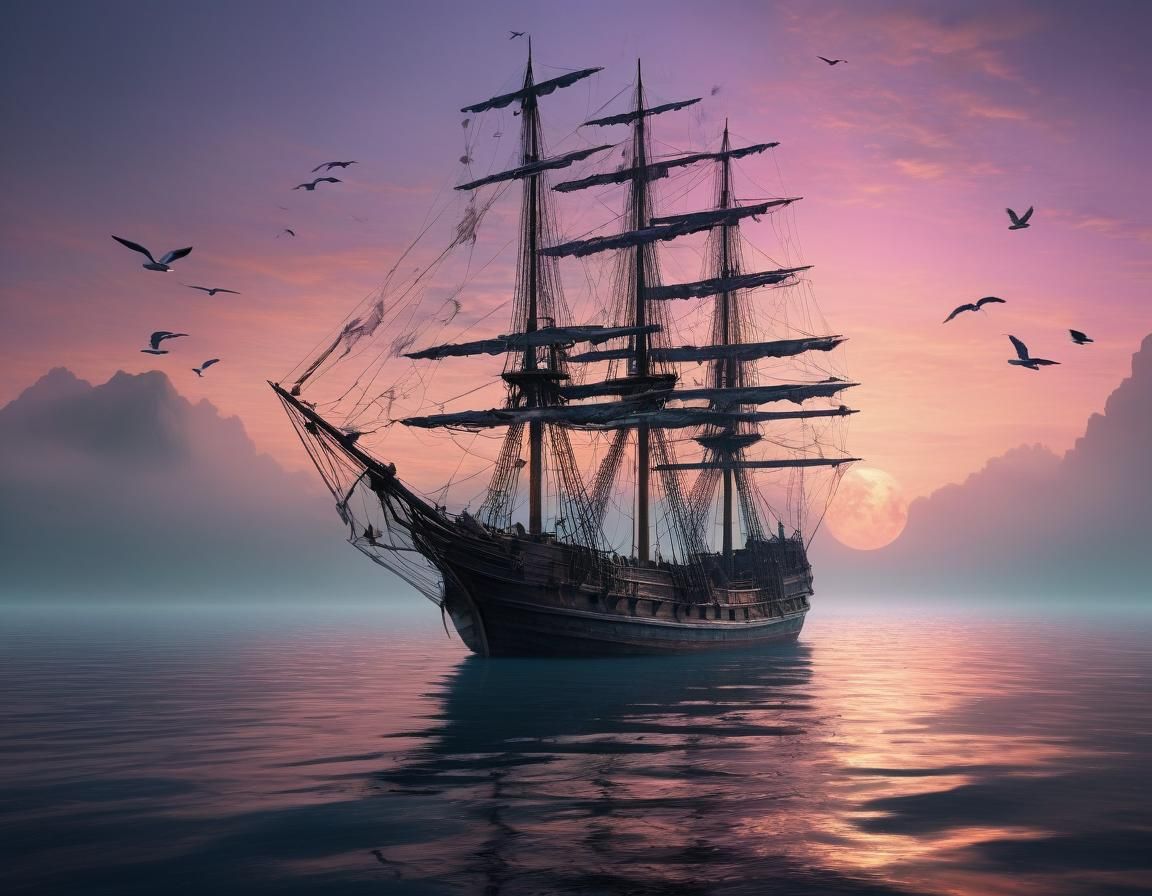 Sailing Ship Glides Through Azure Sunset Waters
