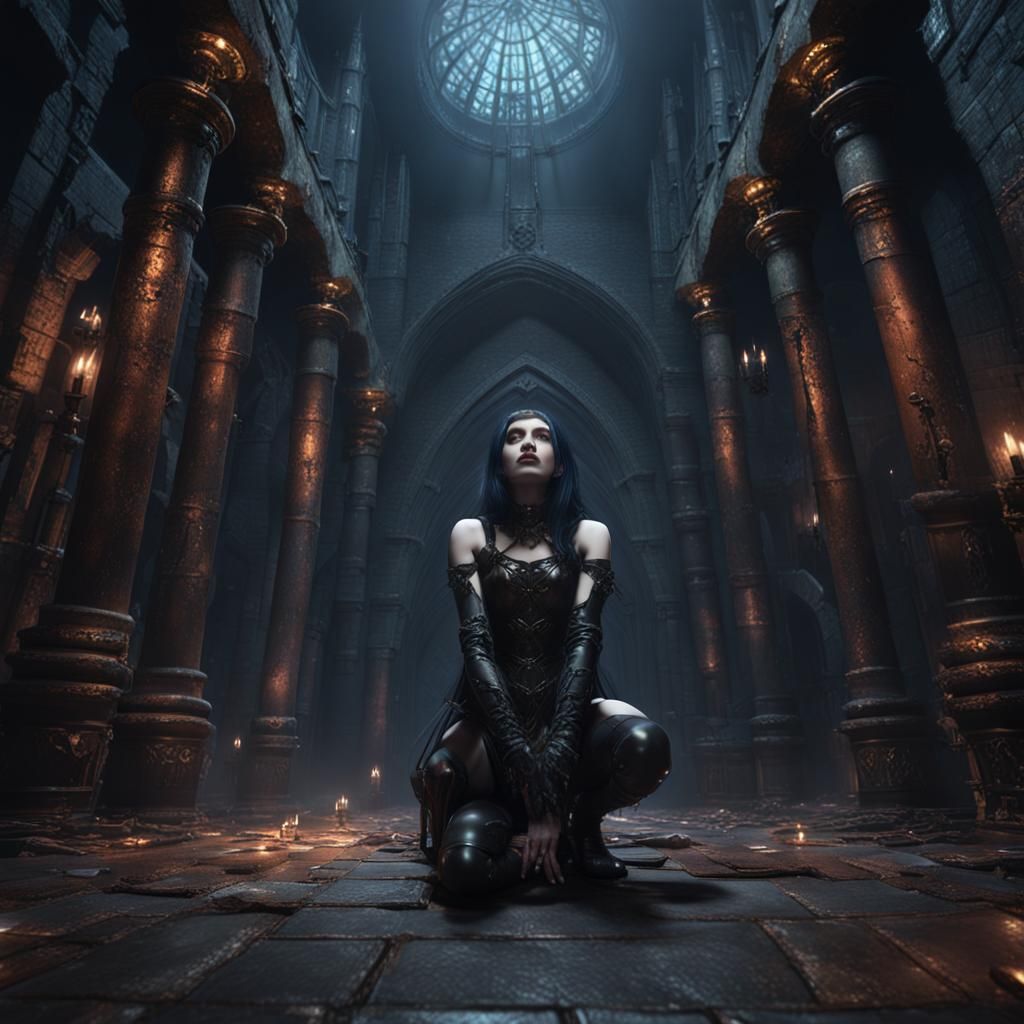 Gothic Goddess Kneeling in Dungeon