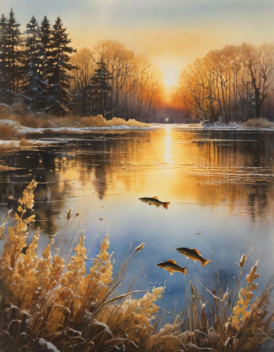 Fish Jumping at Dawn: Watercolor Painting