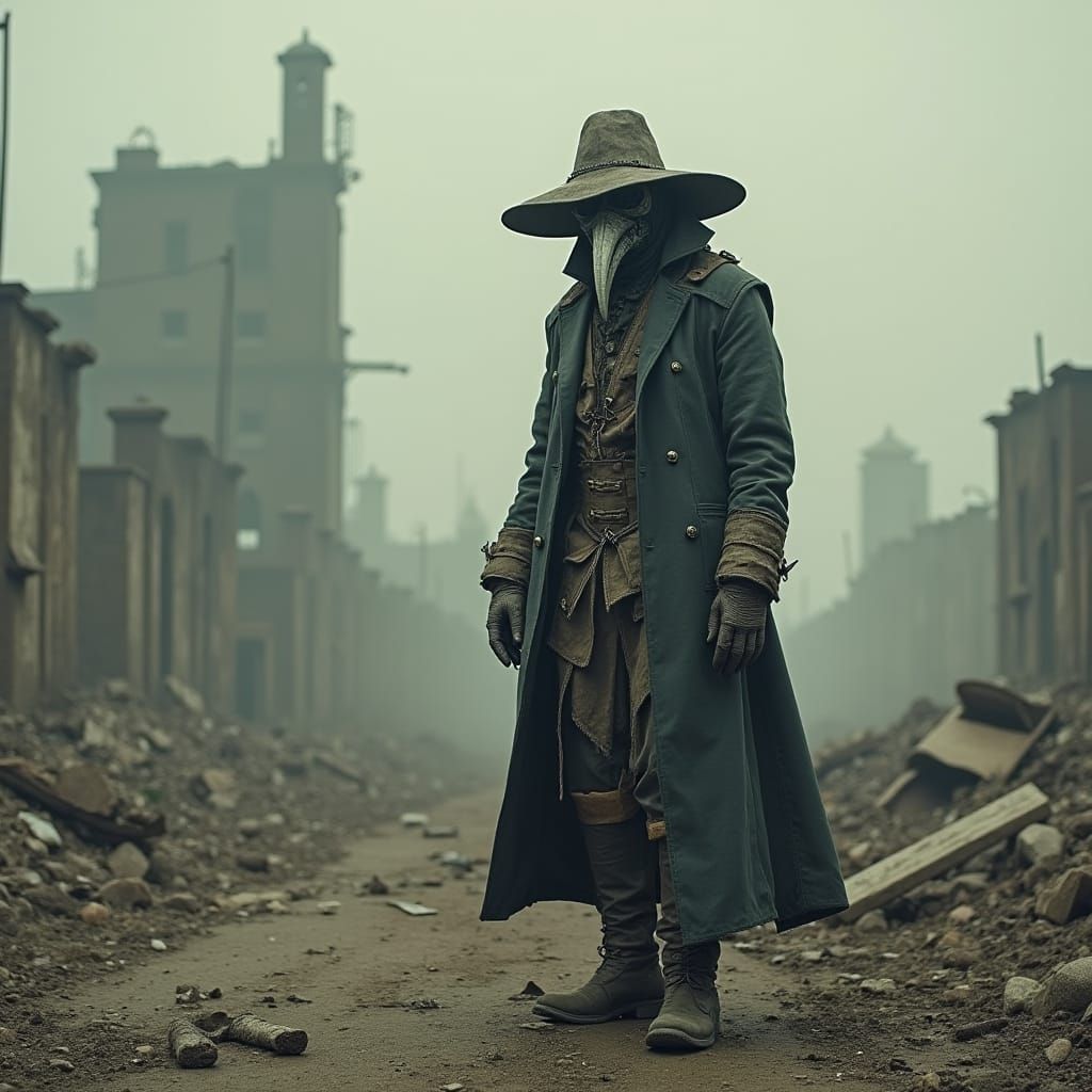 Post-Apocalyptic Plague Doctor in Dystopian Wasteland