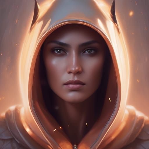 Hooded Woman with Golden Eyes, Hyperdetailed Portrait