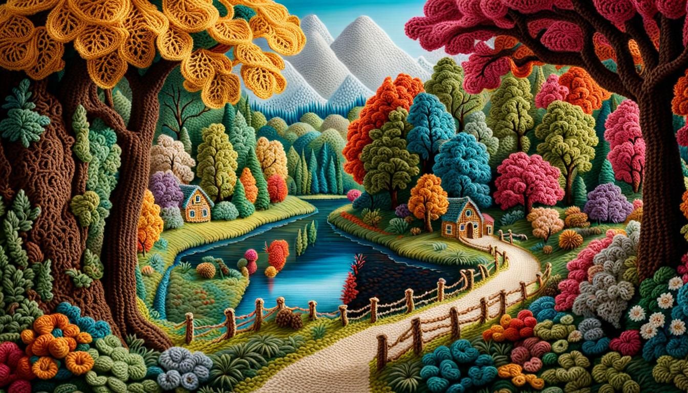 Elaborate Crochet Riverside Woodland Scene